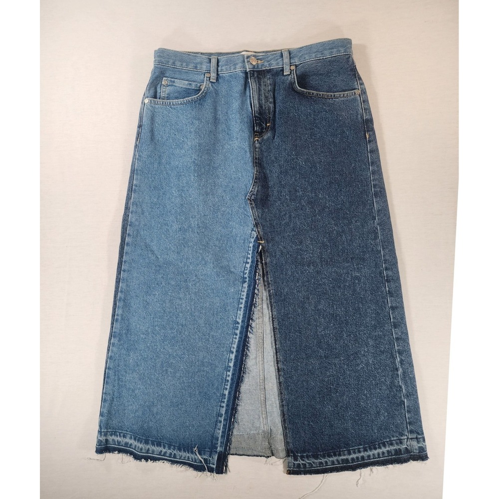 Mango MNG Denim Skirt Women Sz L Blue Two Tone Colorblock Midi Raw Hem Slit Jean